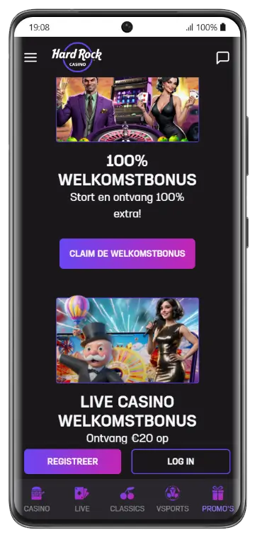 Hard Rock Casino bonuspagina op mobiel met een 100% welkomstbonus en een live casino welkomstbonus van €20