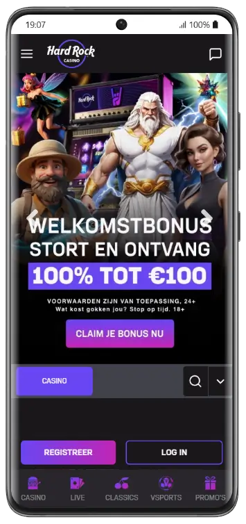 Hard Rock Casino mobiele startpagina met welkomstbonus van 100% tot €100 en knoppen om te registreren of in te loggen