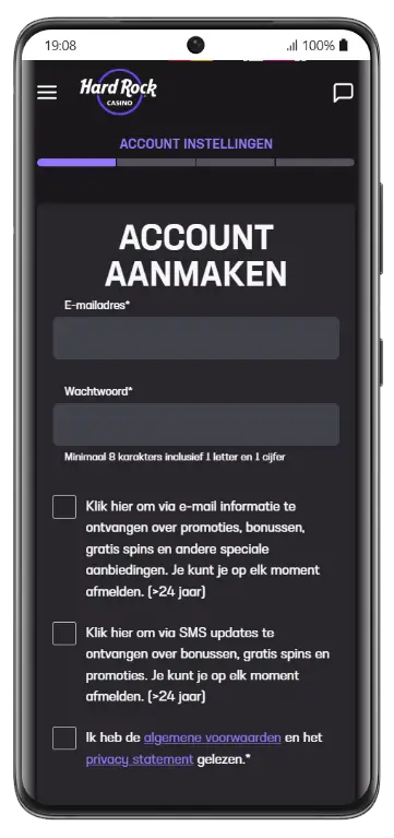 Hard Rock Casino registratieformulier op mobiel met velden voor e-mailadres en wachtwoord, en opties voor e-mail- en sms-nieuwsbrief