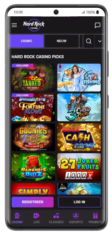 Hard Rock Casino mobiele app met spellenoverzicht, waaronder Tanked, Fortune Flows, The Goonies en 27 Joker Fruits