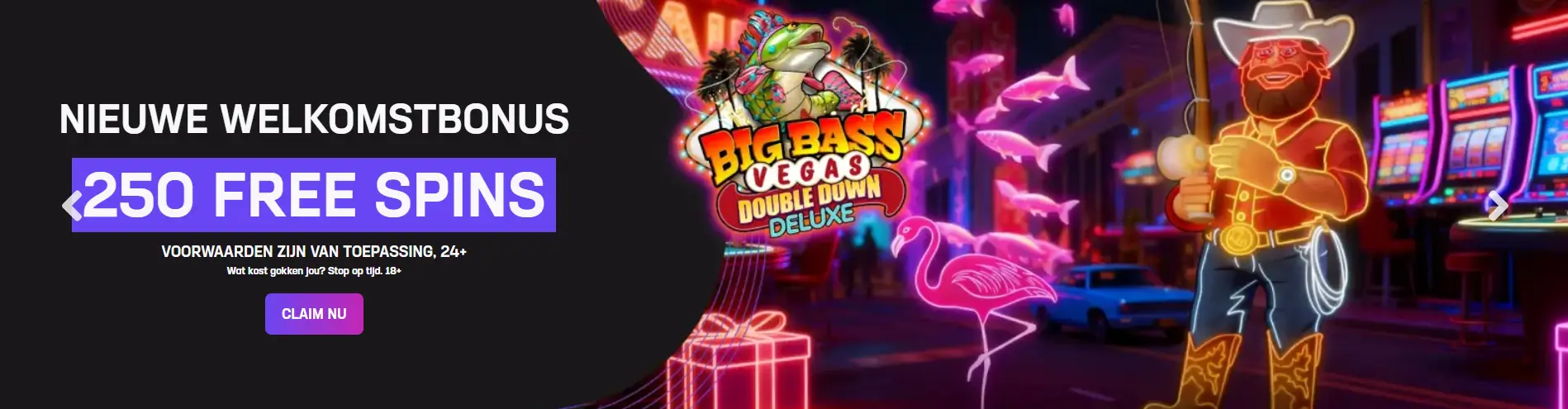 Promotiebanner van Hard Rock Casino met 250 free spins welkomstbonus voor het spel Big Bass Vegas Double Down Deluxe